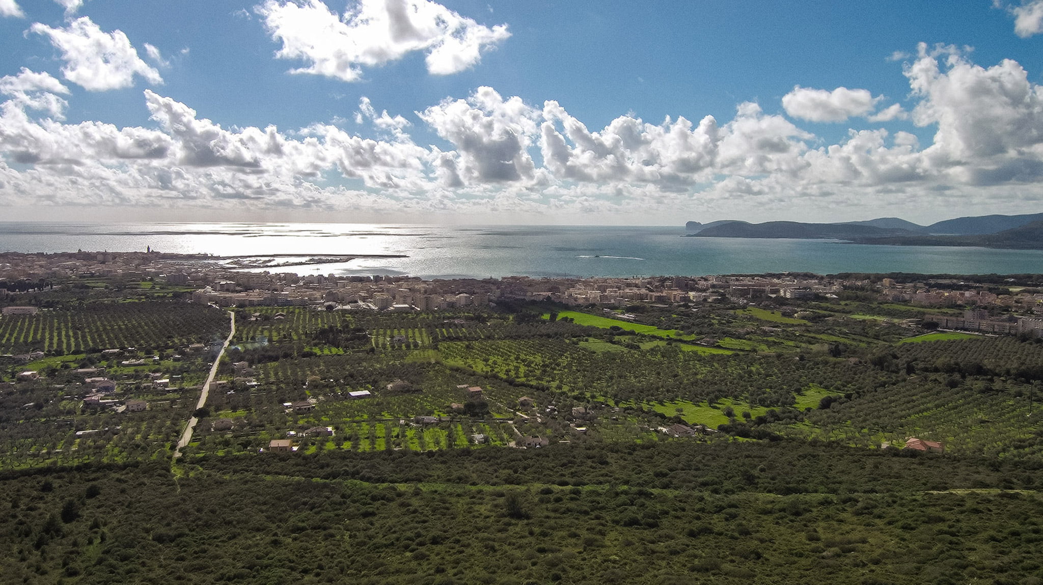 Veduta dall'alto dell'agro di Alghero, di Alghero e del Mare della città con vista su capo accai